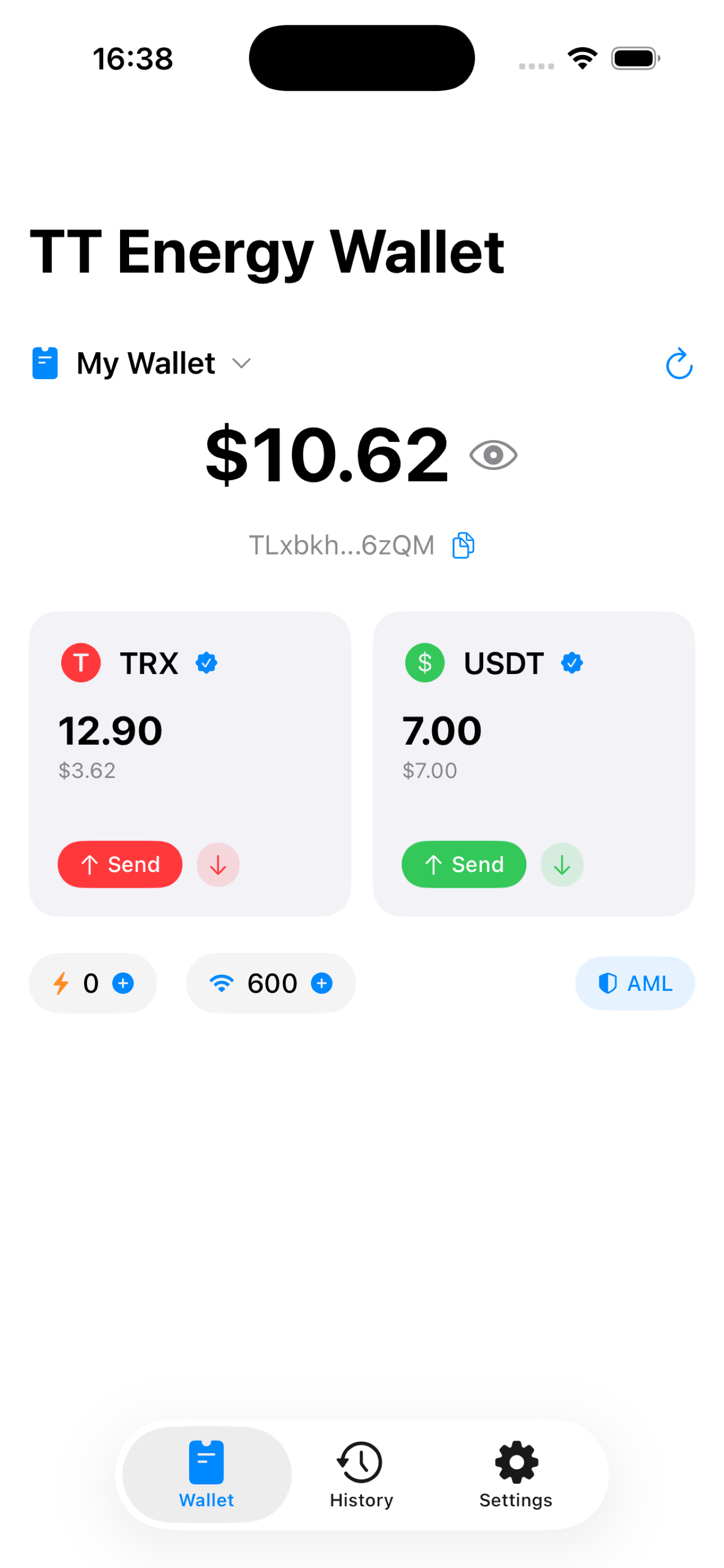 TT Energy Wallet Main Screen